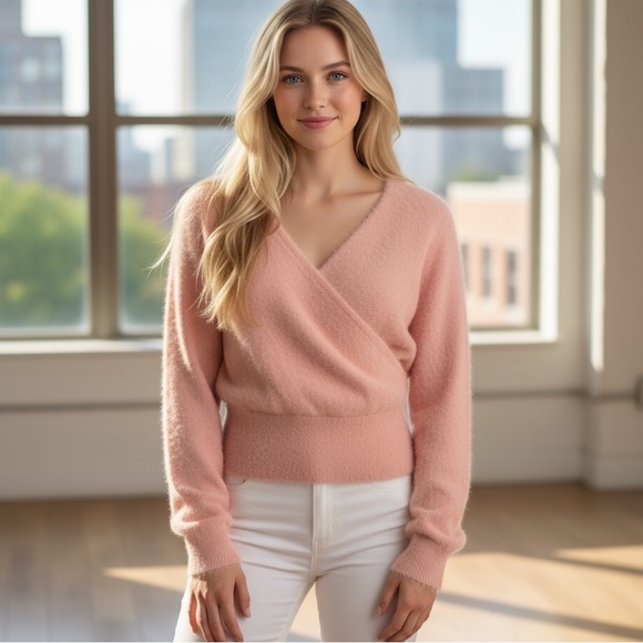 Anthropologie Lili Sidonio Fuzzy Wrap Crop Sweater, Pink, Women's Small - Picture 1 of 8